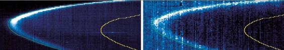 Image composite montrant les émissions au limbe de Vénus de dioxygène (O2) (à gauche) et OH (au centre).